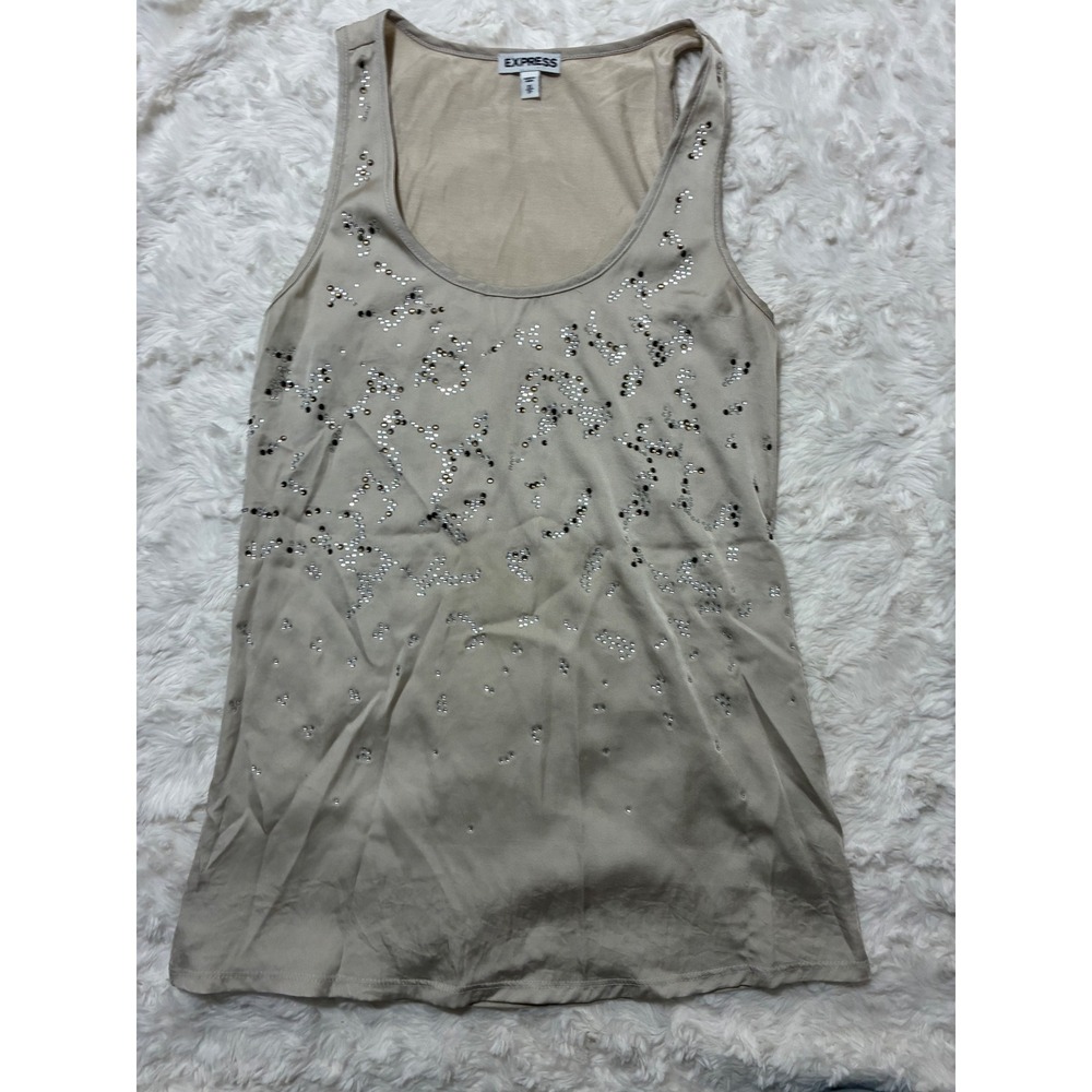 Express Womens Studded Rhinestone Tank Top Beige Taupe Scoop Neck XS